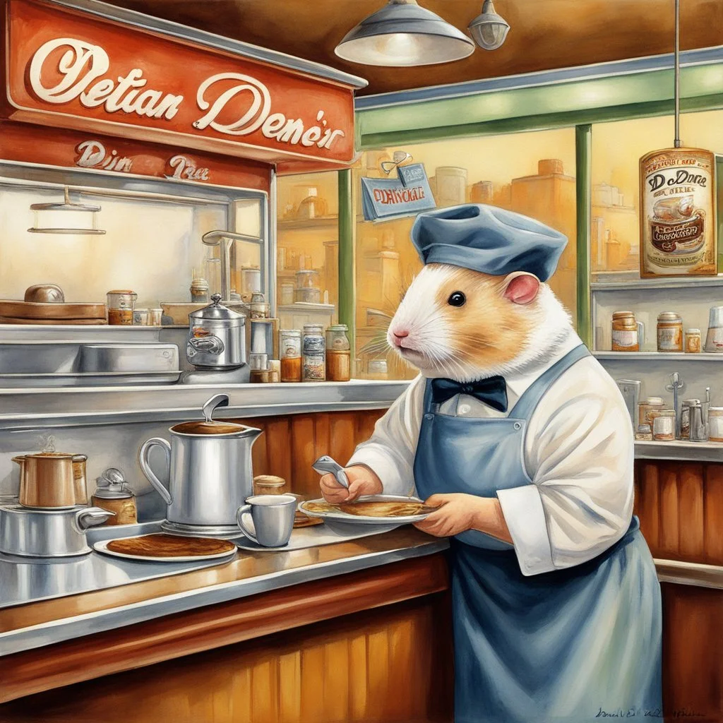 hamster barista working behind a counter of a 50's diner serving coffee to old man, artistic, nostalgic, waitress apron and do-rag, by Stevan Dohanos and Brian Despain and Renoir, dramatic, impressionist painting, watercolor with medium brush strokes, technically perfect, dynamic,