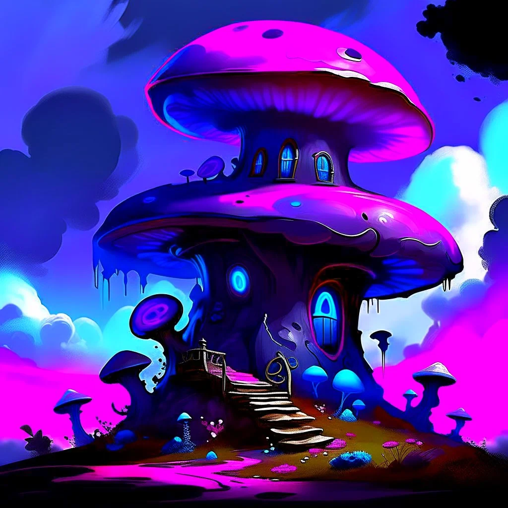 A fantabulous black, magenta and blue (((mushroom tower house))) erected atop a (geologic pillar), surrounded by the uncanny imaginative ((( swirling skies))), offset by the stark hues of a (neon-tinged nebulous space scape), within. captured by the hand a skilled master painter with a focus on (softly blurred compositions and voluminous lighting).