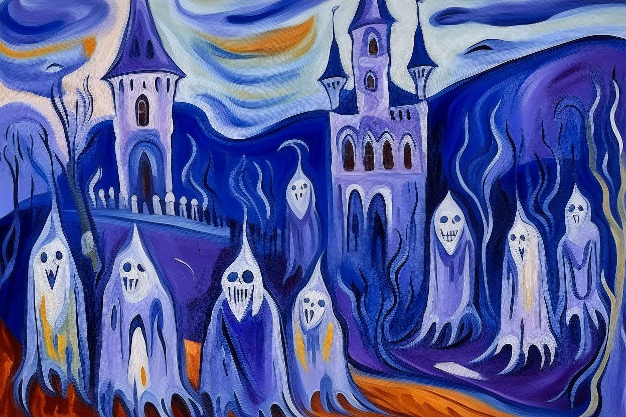 A purple haunted castle filled with ghosts painted by Edvard Munch