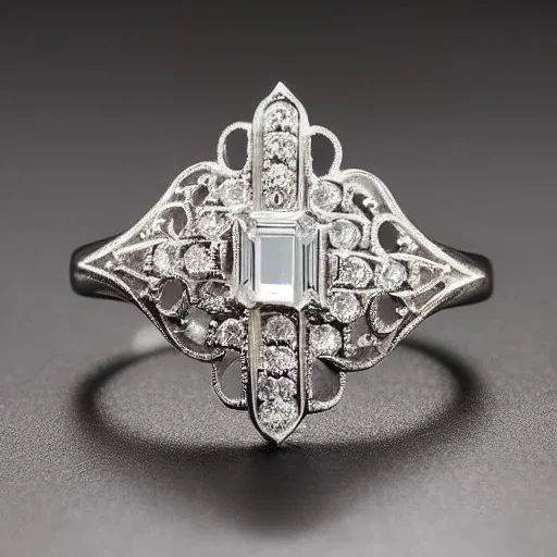 platinum and diamond filigree art noveau ring, breathtaking, highly ornate, delicate, intricate, photorealistic, high fashion, fine jewellery, luxury, designer