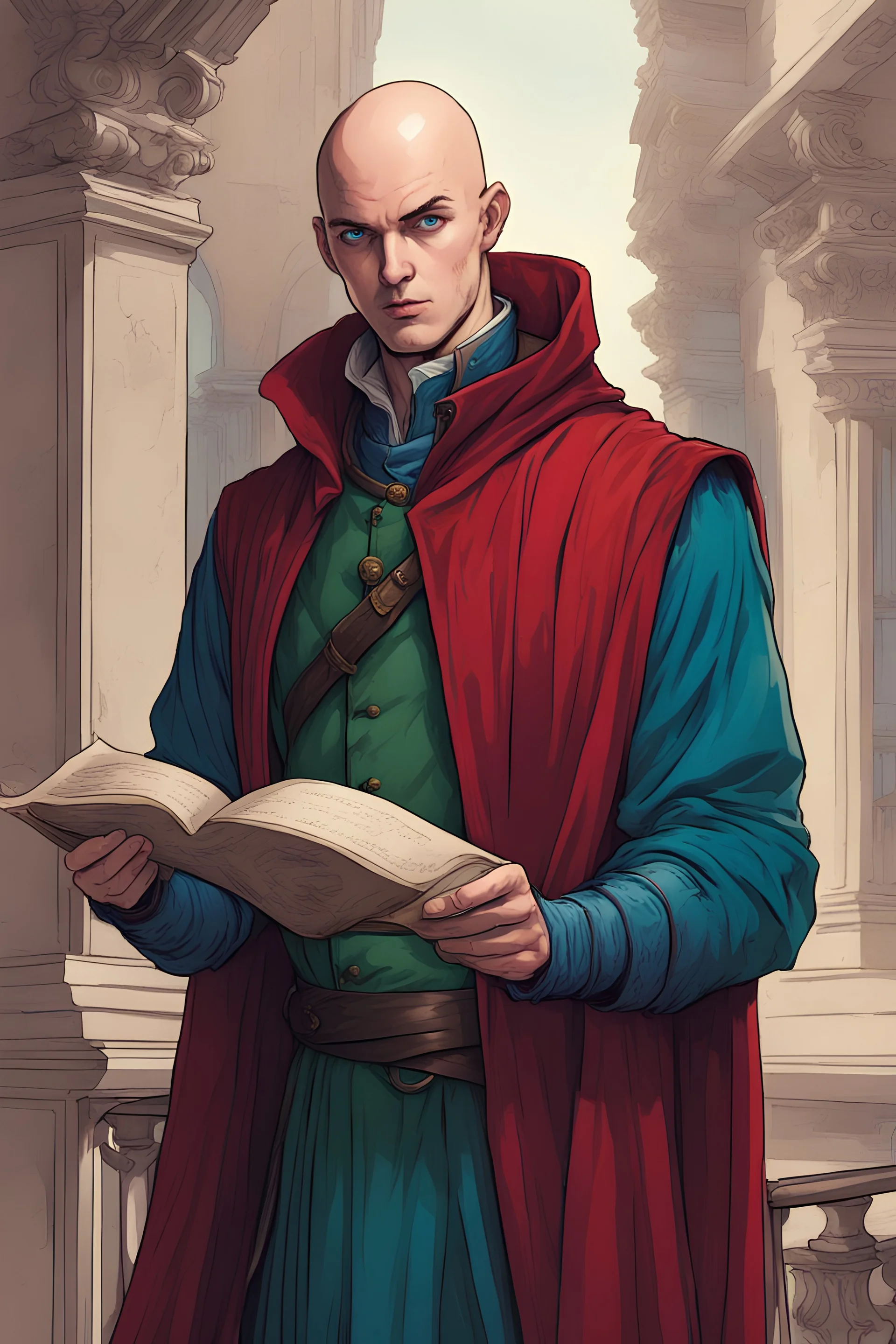 young adult man, bald with blue eyes, green renaissance clothes, red vest, blue cloak, reading a scroll, standing in a balcony, comicbook art style