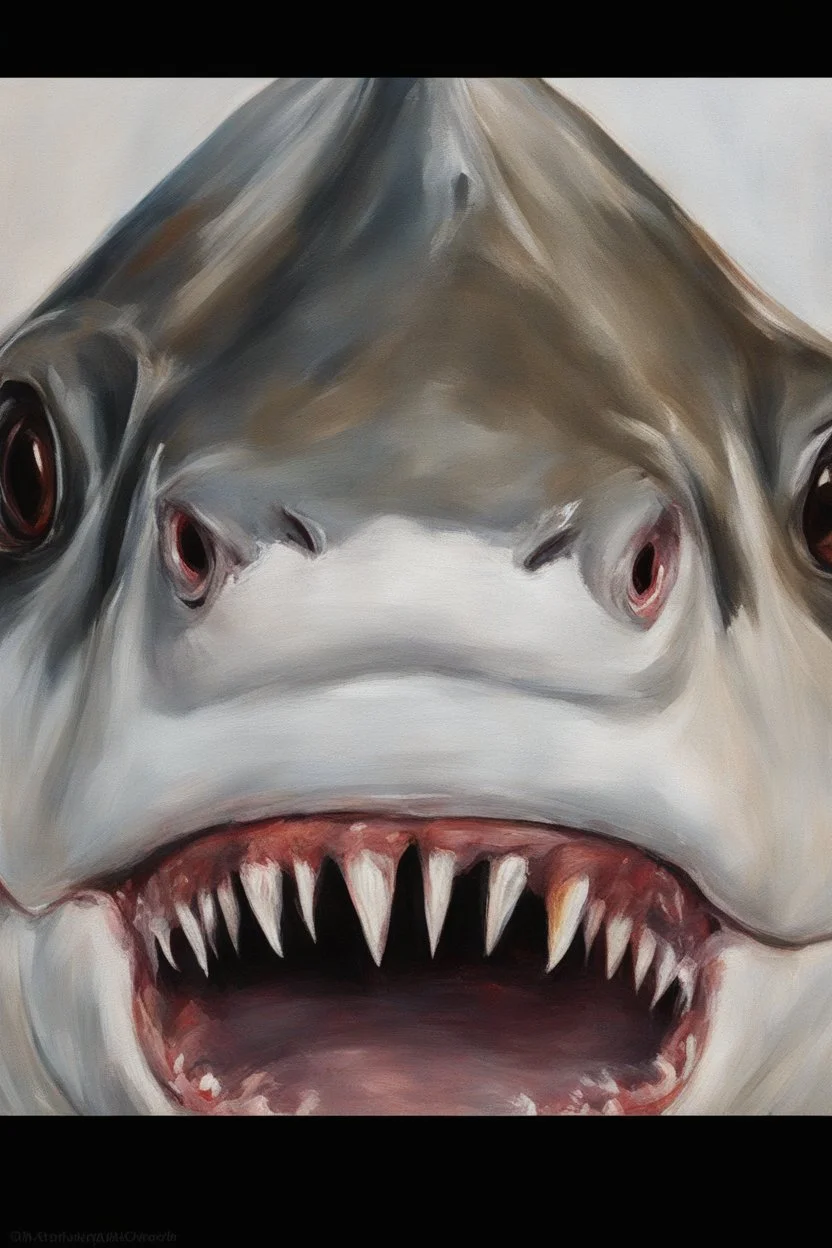 up close realistic oil painting of a shark, in impasto style, thick strokes of oil paint