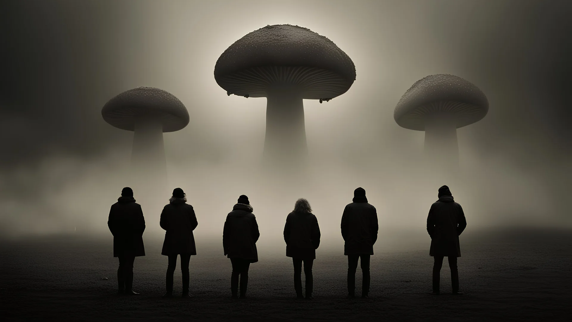 Genera una fotografía intrigante, en la que un grupo de extrañas personas es atraída por una extraña nave extrarrestre con forma de hongo gigante y pequeños hongos luminosos sobrevuelan alrededor. Con una iluminacion evocadora y mucha neblina.