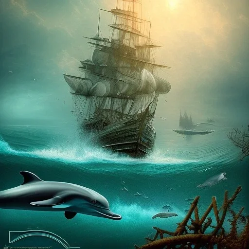 beach with ship wreck, birds and dolphins, water, reflection, movie poster, fantasy art, misty