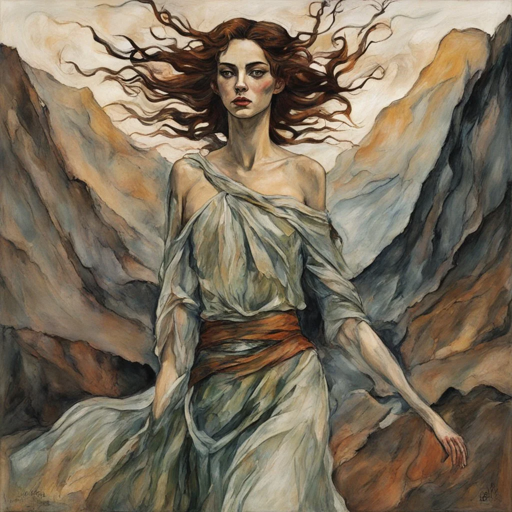 Painting of a mythical Celtic Banshee girl, in the Expressionist style of Egon Schiele, Oskar Kokoschka, and Franz Marc, in muted natural colors