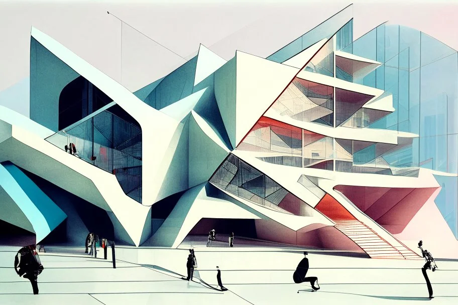 Architectural drawing of a Neofuturistic art museum, (((isometry))), ultra quality, people, treets