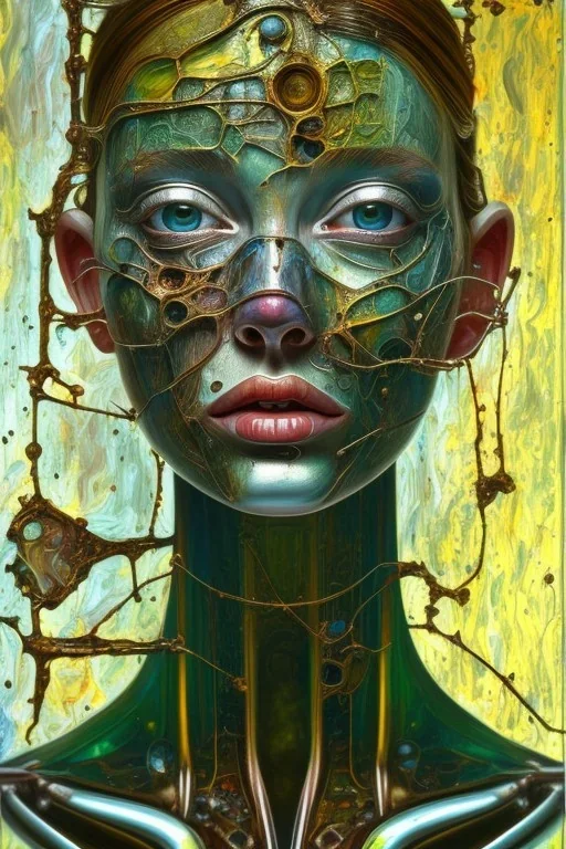 an abstract painting of glass, by lucian freud and klimpt, rust, scaffolding, iron cladding, mixed media, textured, anatomically correct, beautiful woman perfect face, green eyes, sharp focus, highly detailed. desolate background