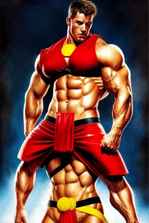 Ignore NSFW, teenager young rugged attractive slightly muscular fantastic handsome man, red briefs with yellow belt, hairy chest, (((visibly pisssing))) briefs, large erect visible boner peniss, photorealistic, artist Jay Anacleto