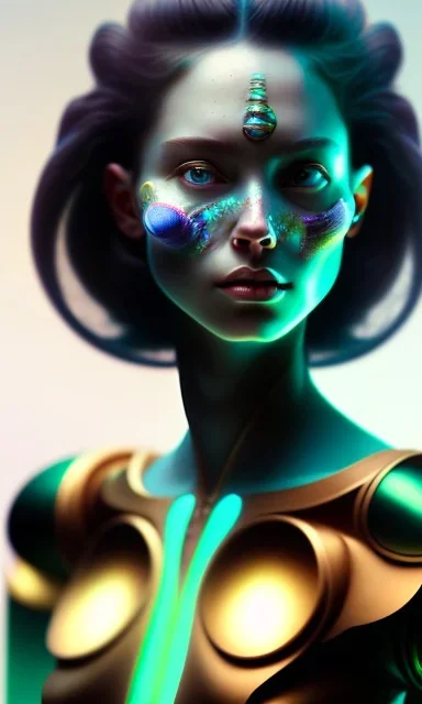 alien, girl, cute, beautiful, curly hair, black hair, green skin, brown eyes, turquoise dress, head and shoulders portrait, 8k resolution concept art portrait by Greg Rutkowski, Artgerm, WLOP, Alphonse Mucha dynamic lighting hyperdetailed intricately detailed