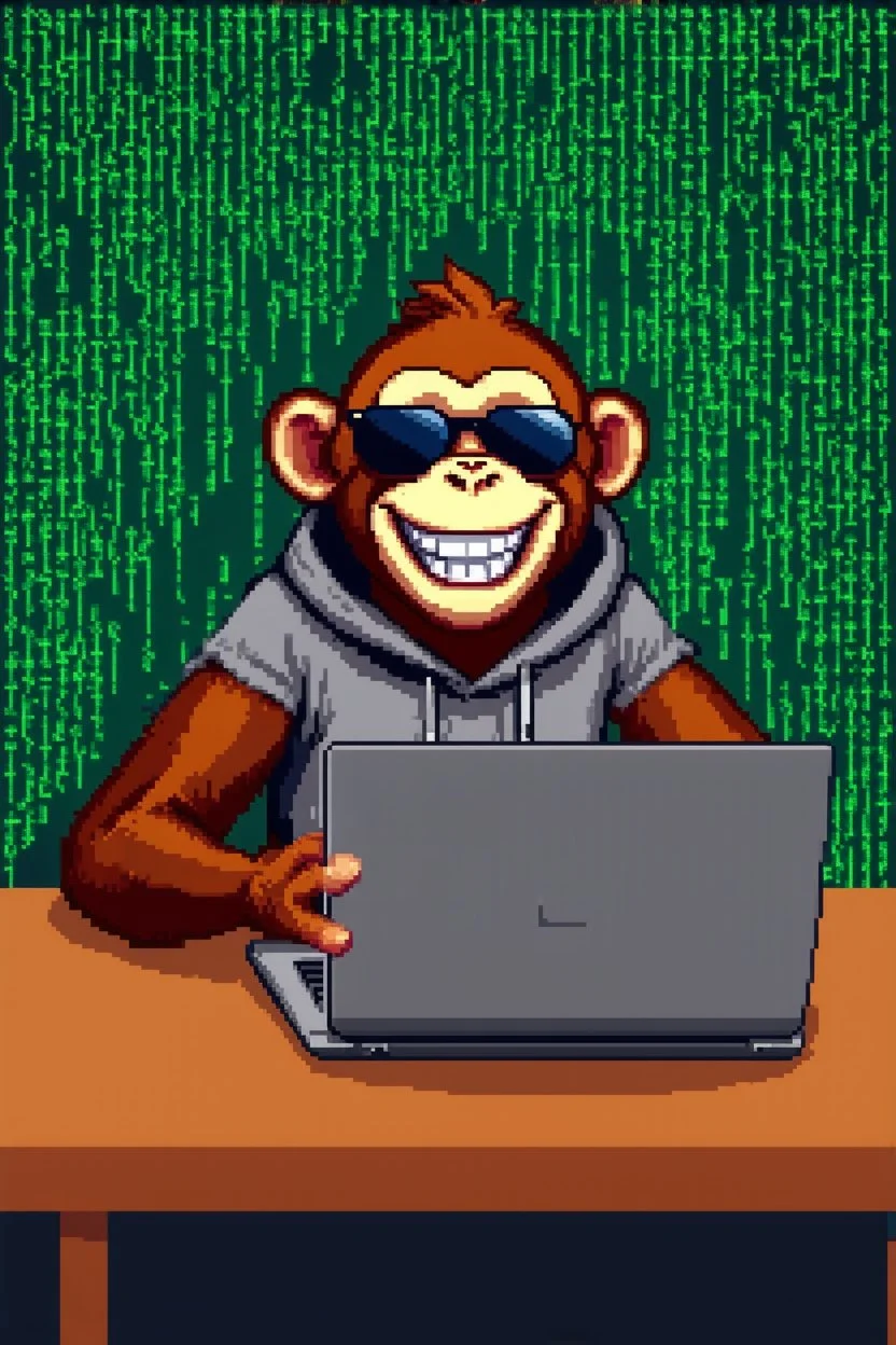 A grinning Monkey sitting in front of a laptop, hacking systems, wearing a hoodie and sunglasses. Matrix in background. Pixel Art. Profile Picture. Avatar. Pixel