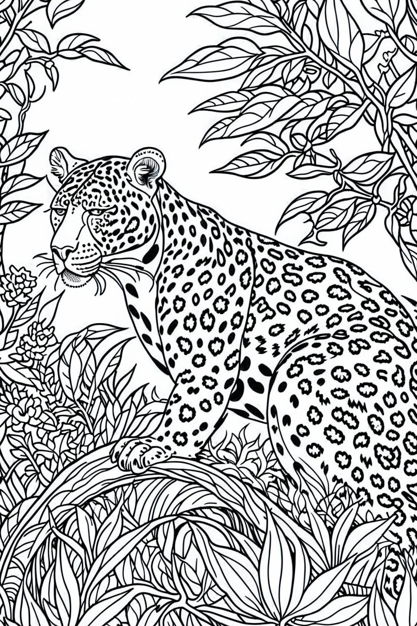 DRAW TO COLORING OF A LEOPARD ON THE JUNGLE, BLACK AND WHITE CARTOON STYLE, LOW DETAILS, THICK LINES, NO SHADING LINES