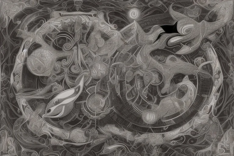 line drawing, of a beautiful surrealistic image of an orca and a flying elephant ;made exclusively of music symbols, background is horizontal parallel lines like staffs and piano keys at bottom, symbols are discernible, overall exquisitely detailed, elegant, extremely intricate, high definition, dope, innovative, line art, contemporary art, fractal pencil drawing,