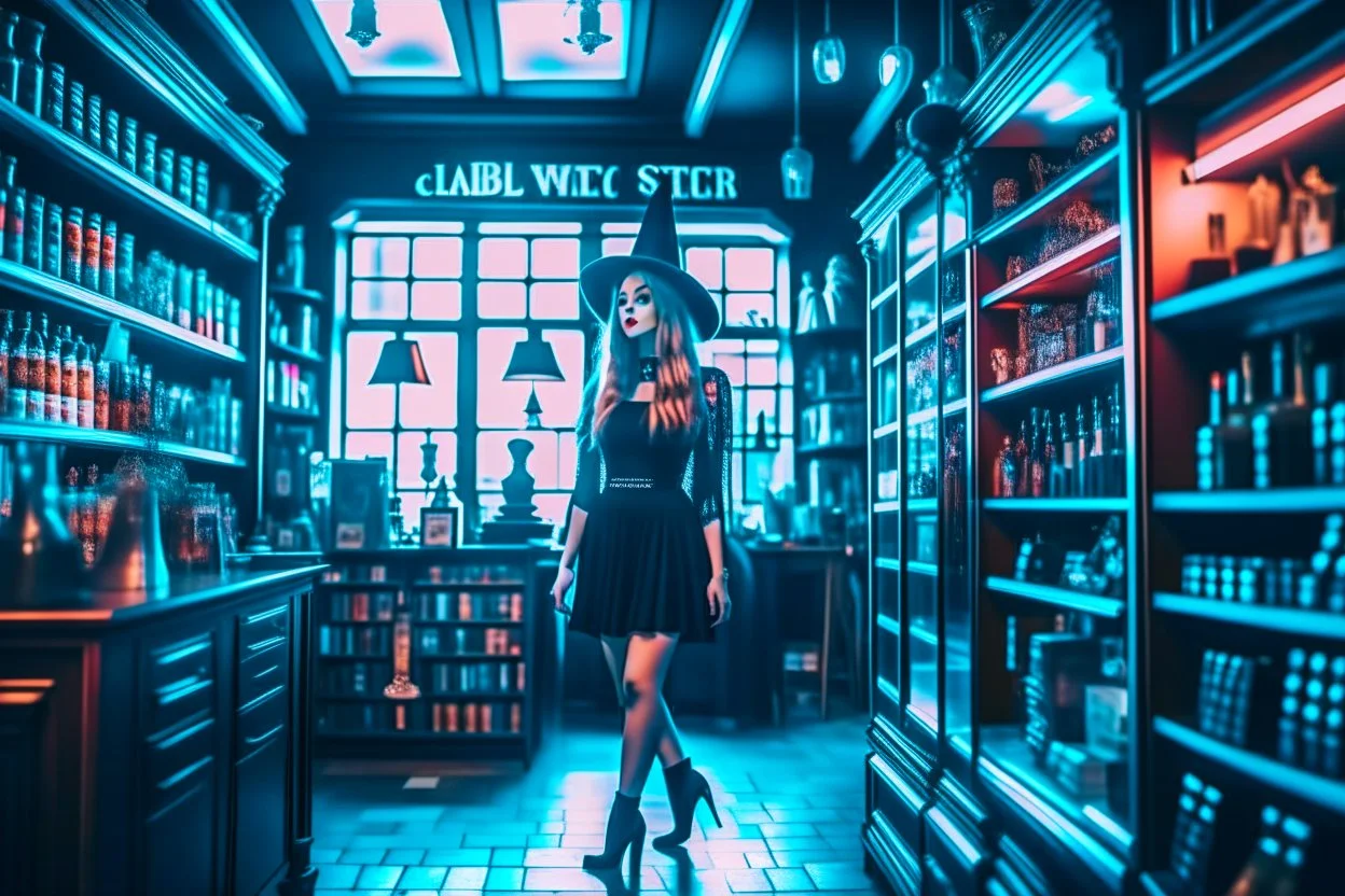 full-height shot of a young witch in a tight black short skirt, inside a large magic shop, shelving, bottles, windows