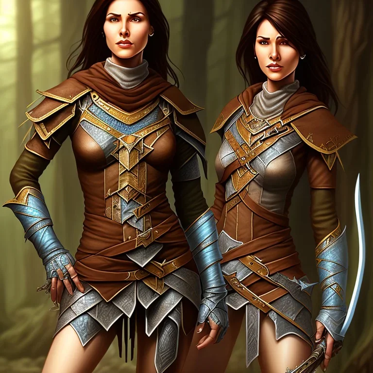 dungeons and dragons, female wood elf, druid, brown hair, brown eyes, full body, realistic face, short hair, large nose, closed mouth, leather armor, one person, blue scarf