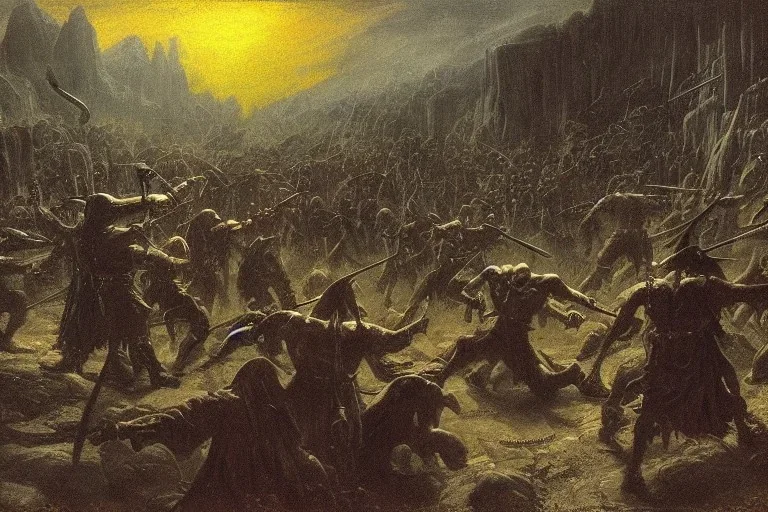 Orcs fighting Gandalf in a dungeon painted by Caspar David Friedrich