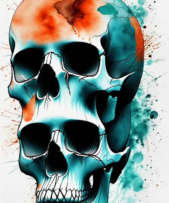 minimal lineart skull. watercolor and ink. black background. teal and orange