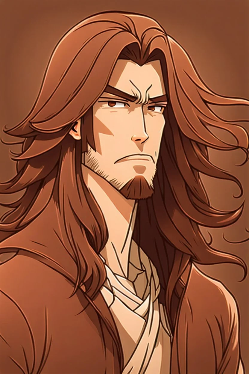 This is an illustration of a man with long hair, rendered in a cartoon style. The figure is skillfully drawn, with great attention to detail, much like a character one might find in an anime or manga. The artist used a dominant brown color palette, with a rich brown foreground and background, giving the character a warm, earthy tone. The animation style is reminiscent of a fictional character from a popular anime or manga series. The man's face and hands are slightly blurred, which adds an i