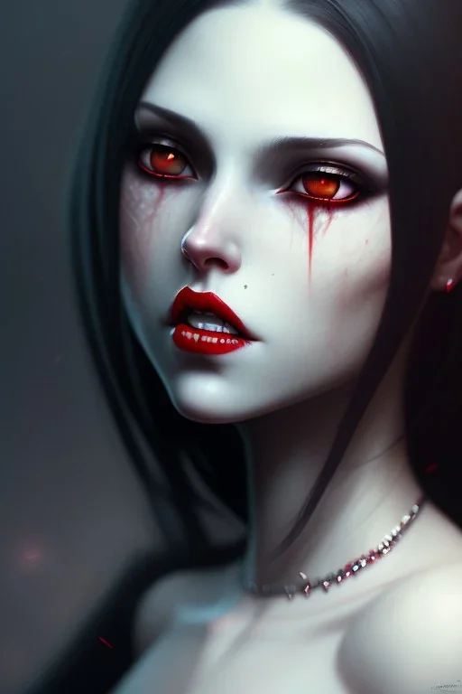 Vampire girl, cute, beautiful, white eyes, red lips, black hair with bangs, goth, close up portrait by Greg Rutkowski