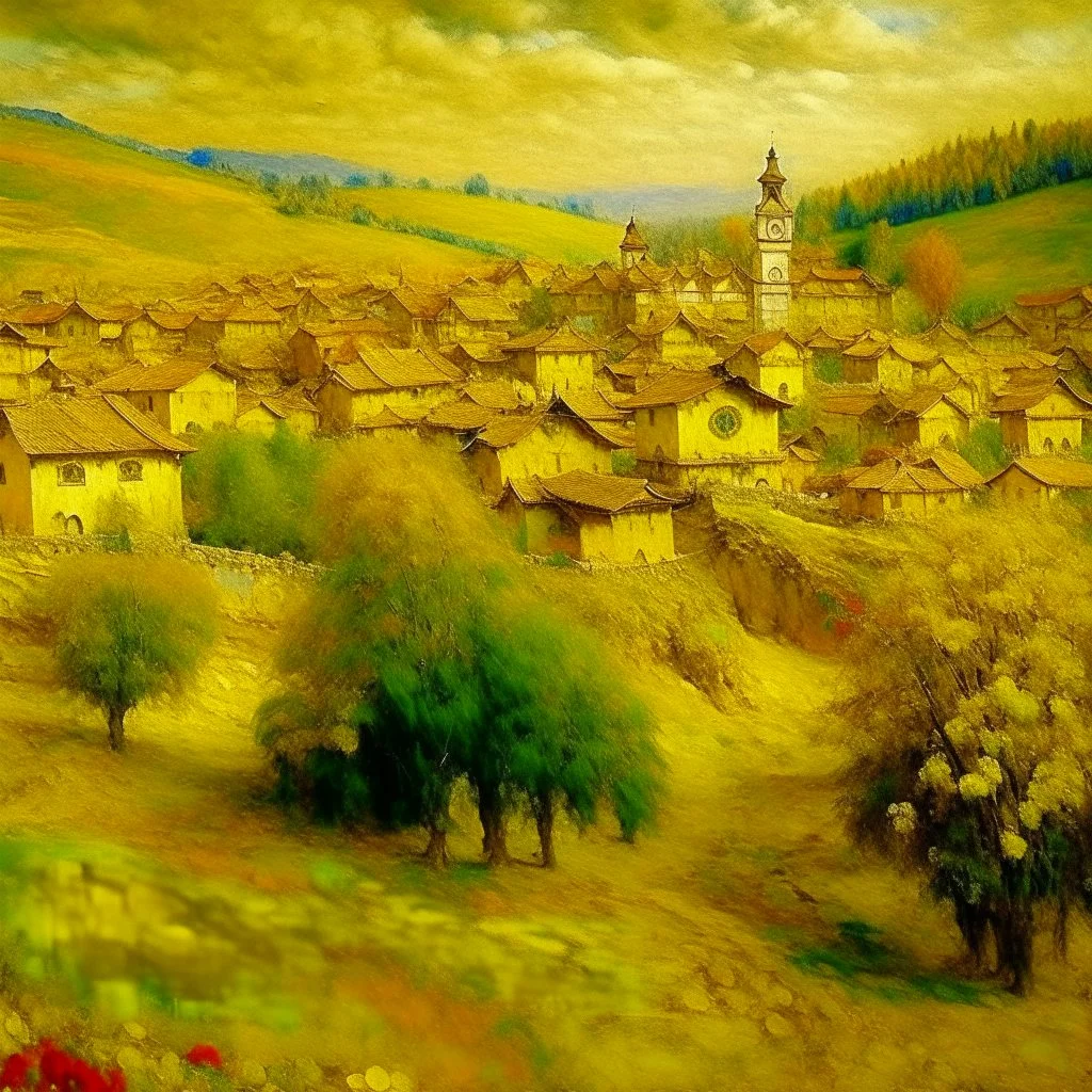 A golden yellow Japanese village with mystic clocks painted by Claude Monet