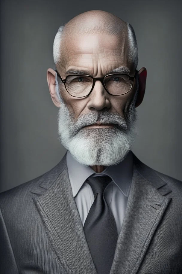 realistic photo portrait of a cocasian middle age bald man, short trimmed silver-gray beard, wearing glasees and black suit