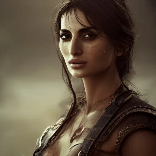 best quality, realistic lighting, masterpiece portrait of Penélope Cruz, details, light dusting of freckles, cowboy shot from above, simple chain hauberk, warhammerVector art matte painting digital illustration 3D shading CryEngine Behance HD 3Delight