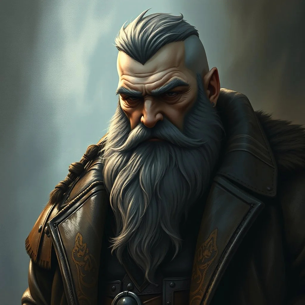 A large grey-skinned short beard man with a heavy leather coat fantasy grimdark realistic