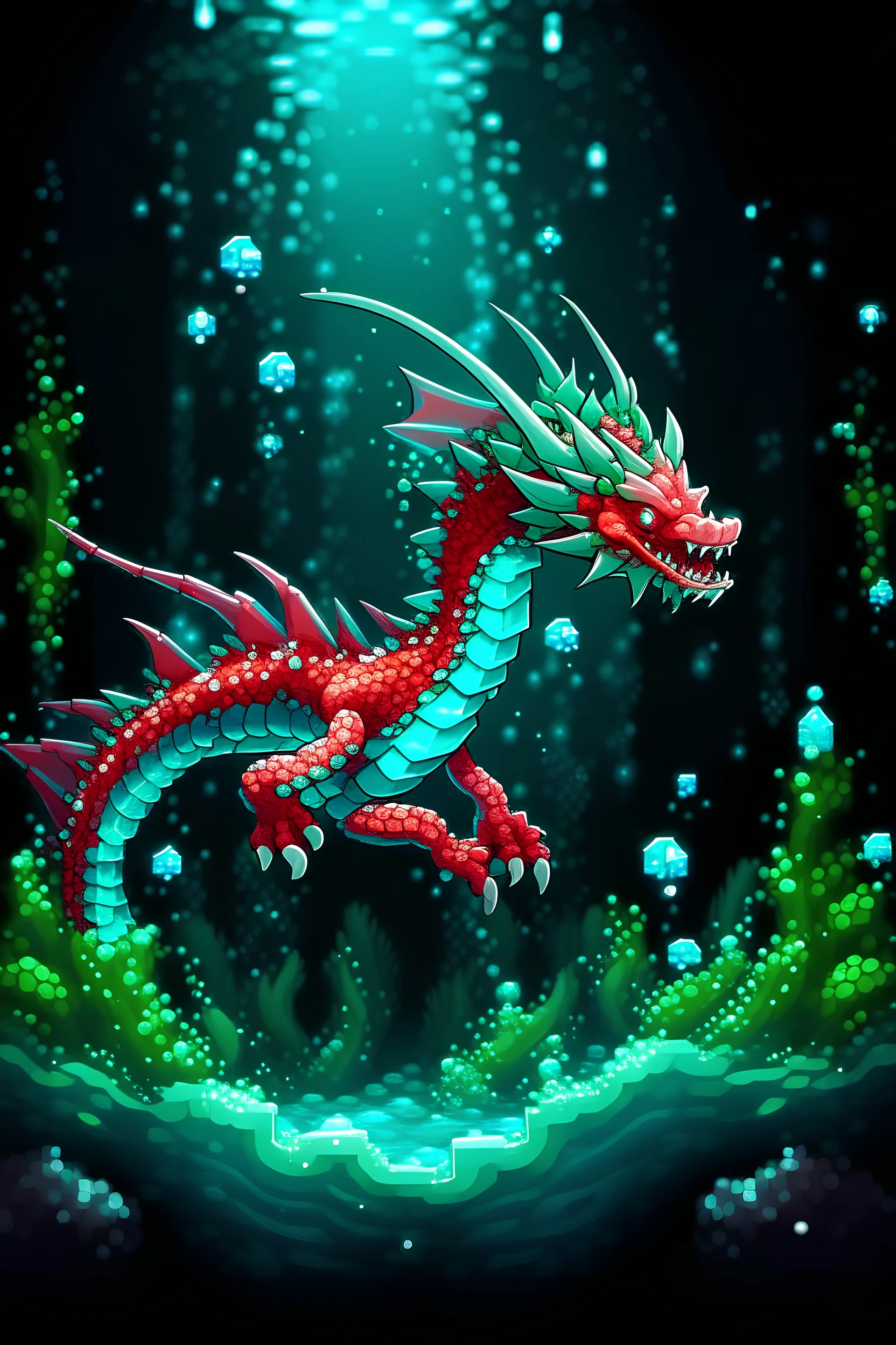 A dragon pixel with a touch of red brilliance and delicate crystal formations, gliding gracefully through the mysterious underwater realm.