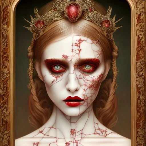 singer Danish MØ face, style surrealism by <Mark Ryden>, blood, hair guts, darkred tones,