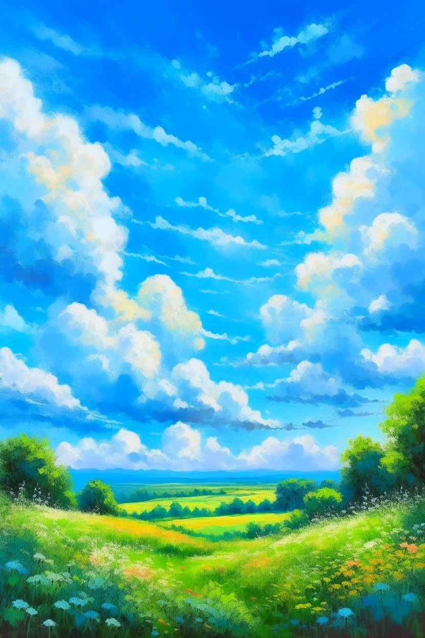 impressionism nature peace communication compassion tranquility blue sky meadow fluffy clouds