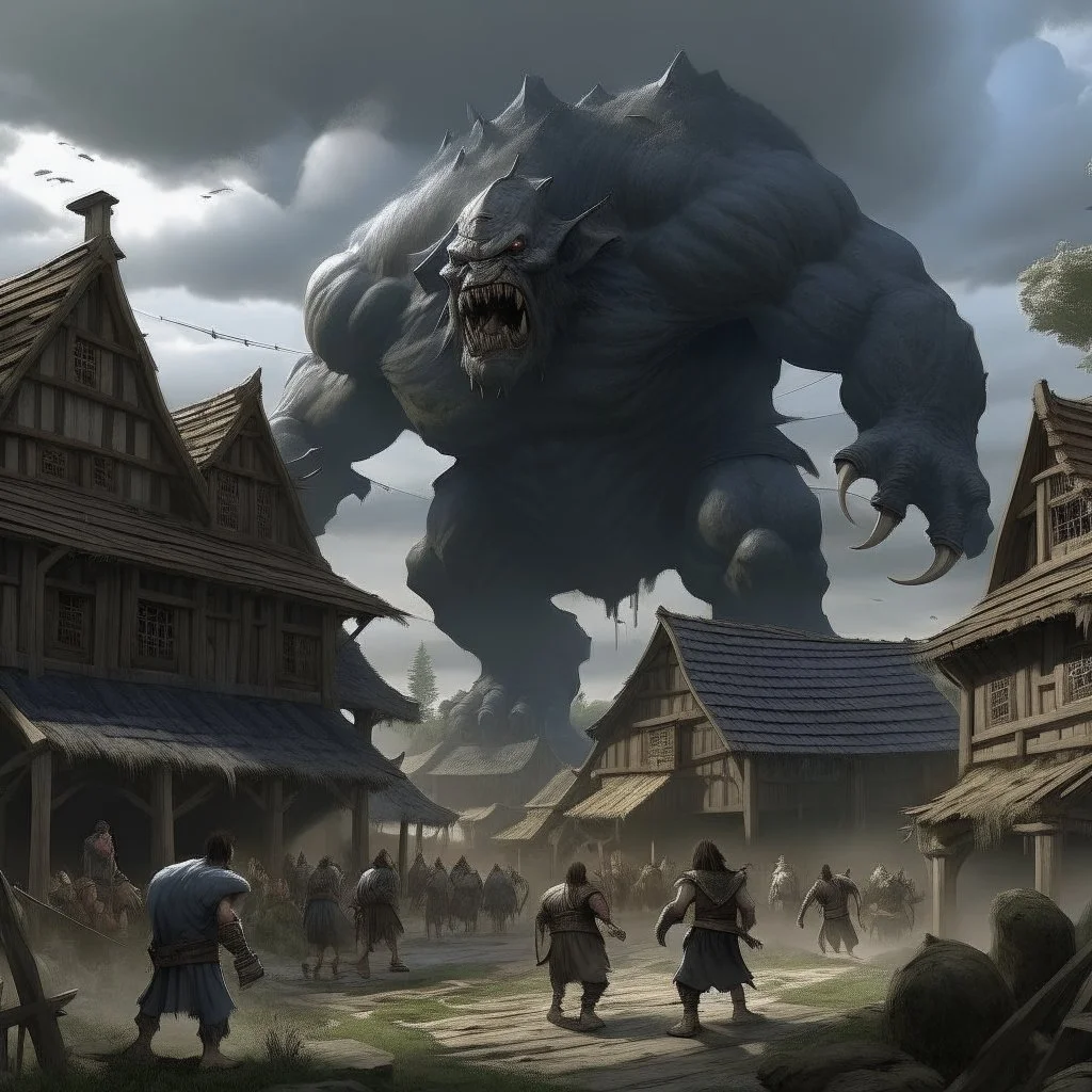 giant attacking village grimdark realistic