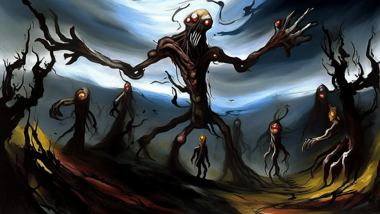 A surreal, nightmarish creature with a humanoid body, dark skin, and multiple limbs and appendages emerging from its torso. The creature appears to be in a state of distress or transformation, with a contorted, unsettling expression on its face. The background is a hazy, dreamlike landscape with hints of clouds or mist