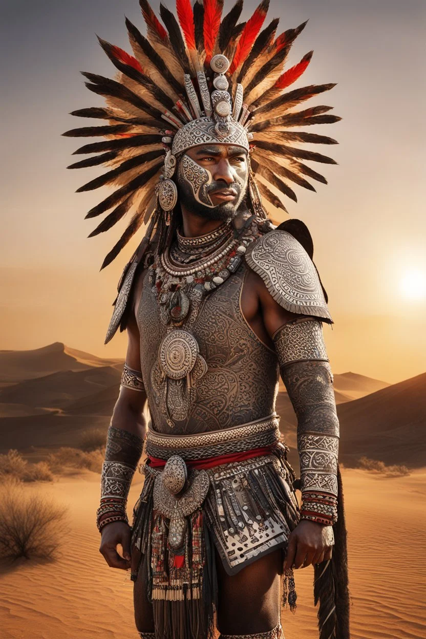 Full legs. Striking portrait of Nantli warrior as anthropomorphic puma, adorned with intricately designed traditional armor and headdress. His face, painted with black and white patterns, radiates a fierce and determined expression. A red sun adorns his headdress, symbolizing strength and power. The background, a vast, golden desert landscape, with a sun setting behind some rocky outcrops. 8k. Full body