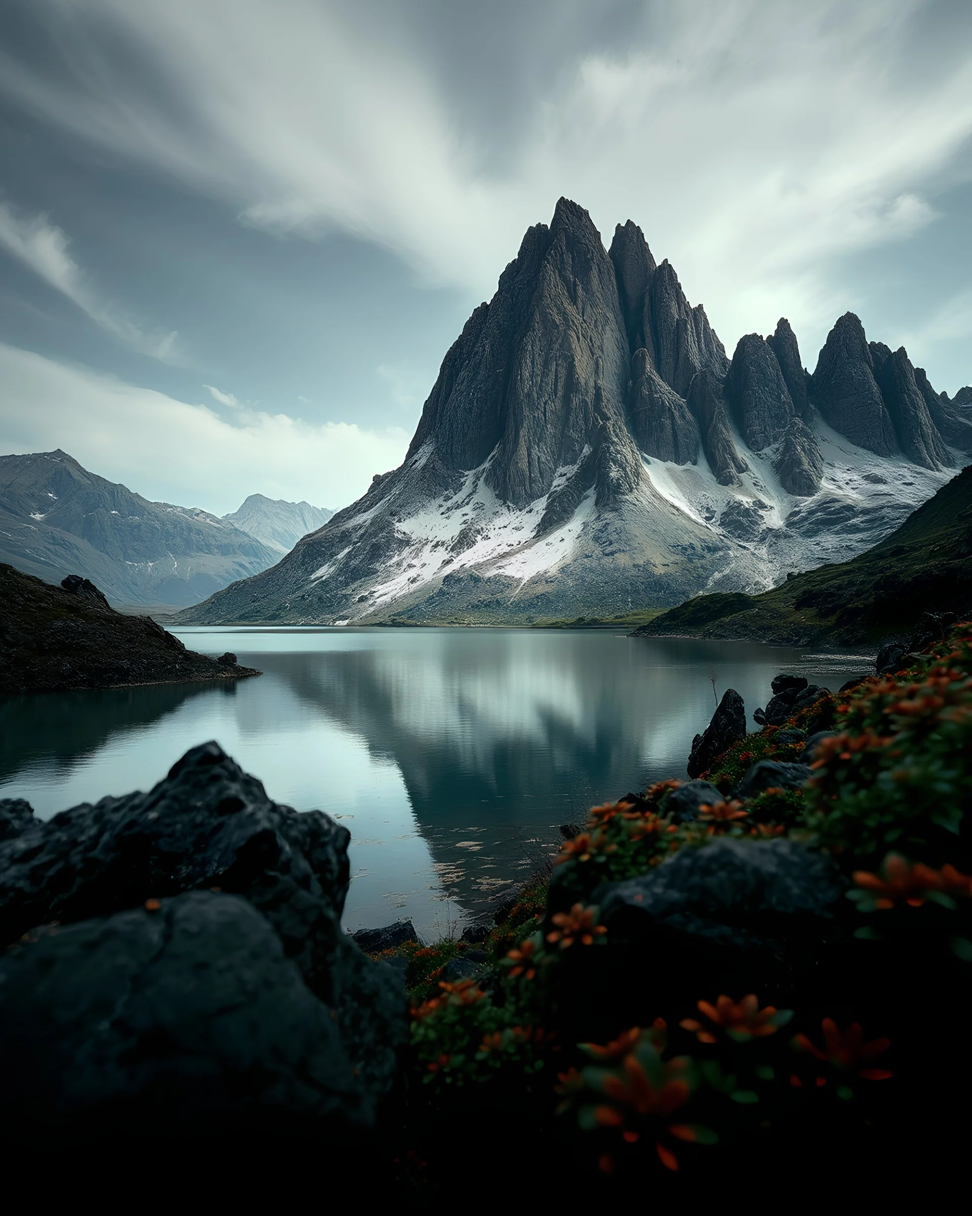 Sublime foto close-up Ilford ad alta definizione di una montagna rocciosa, un lago, surreale, colors, cityscape scifi, collage art, dadaism, sublime, splimapys nero, cielo nero, acqua nera, macabre piante circondano il lago, alghe, hypermaximalist, Max Ernst style, strangeness, intricate, hypnotic, obsessive, 8k, deep 3d field, very accentuated details of the rocks and shtn, eerie, artistic photo, shot on Hasselblad, large format film, medium format film