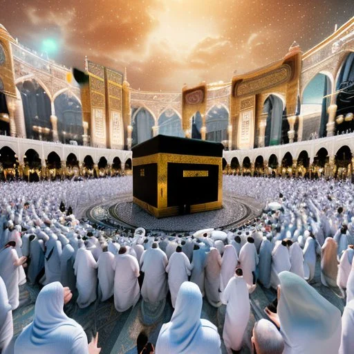 The scene in Mecca: People wearing white Ihram clothes, men without head coverings, women with veils, circumambulating around the Kaaba, and above them are transparent white spirits of children, men, and women with wings revolving around the Kaaba.