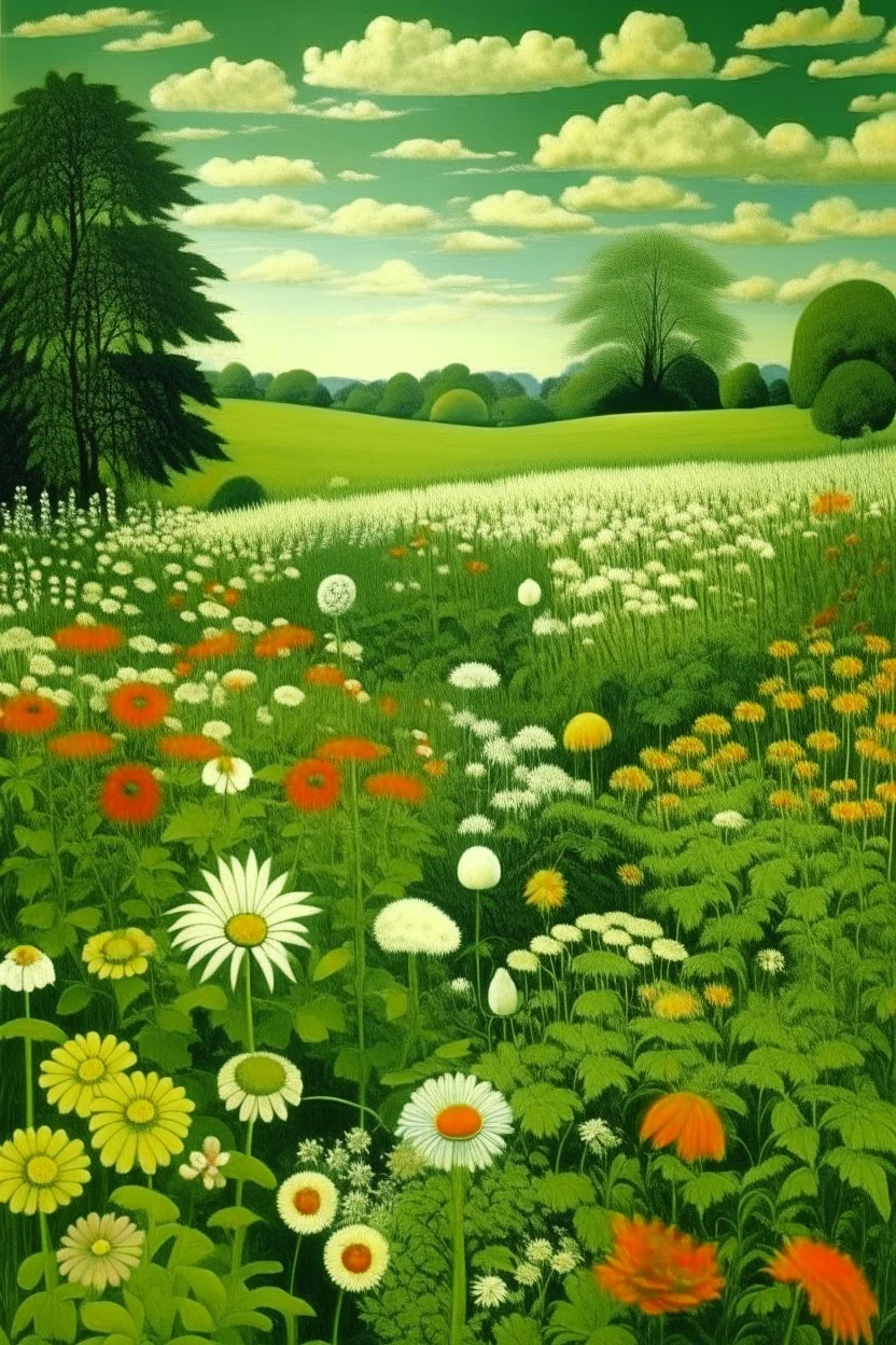 A green meadow with giant beautiful flowers painted by Edward Hicks