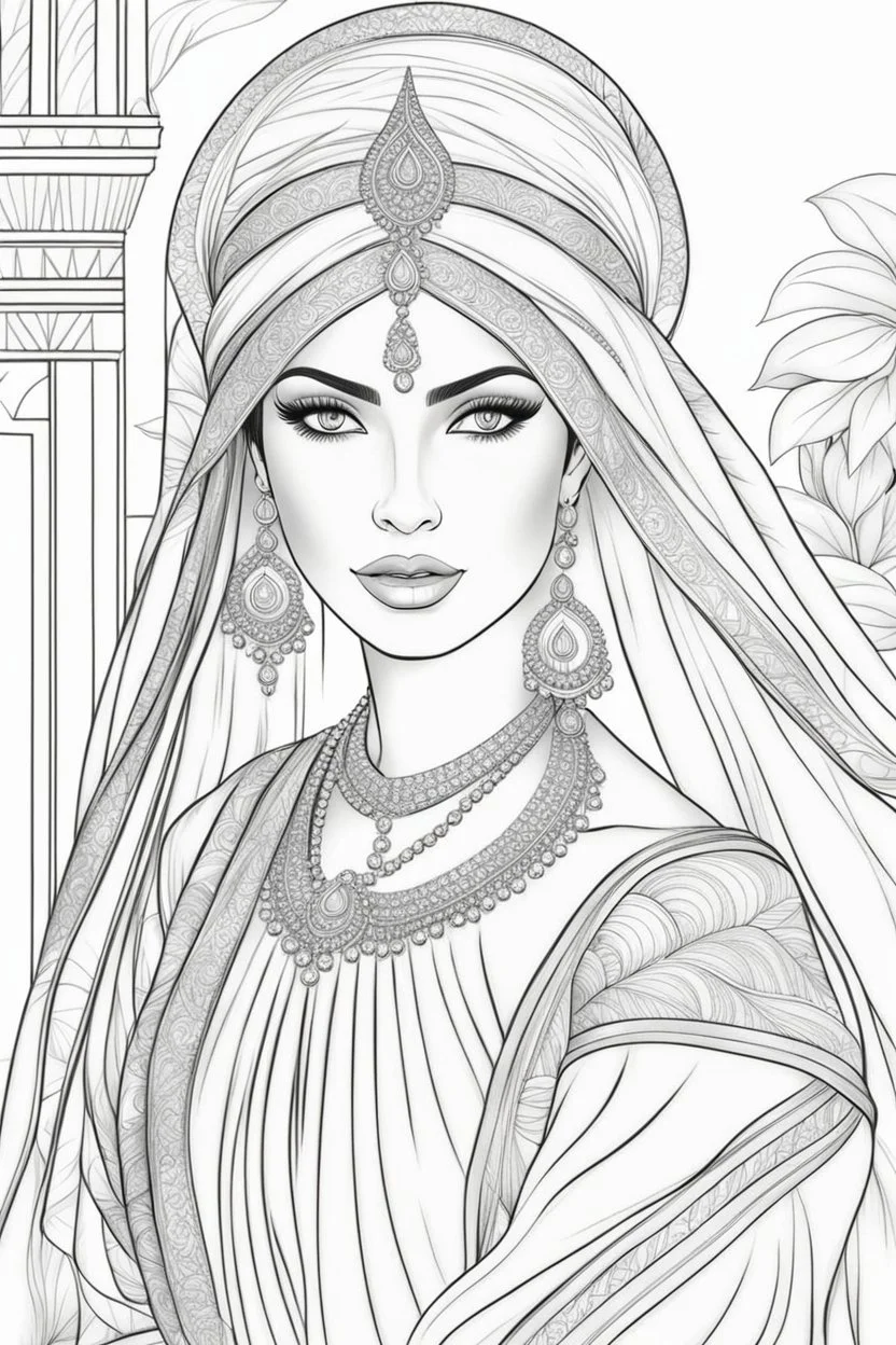 coloring page for adults of fashion model wearing hindi dress, thick and clear lines hair, full body portrait, style clean coloring page for adults, cartoon style, clean line art high detailed, white background, coloring book style, 8k, no-shading, thick lines hair, no-grayscale, lines hair