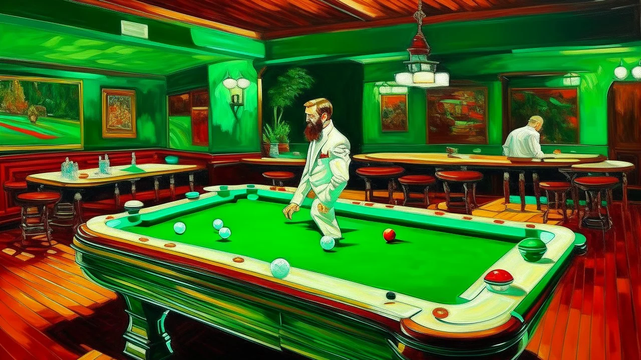 painting of a billiard room with a pool table and a man in a white suit, bar/lounge with a green roof, wooden baseboard, and red upper part of the walls, van gogh art style