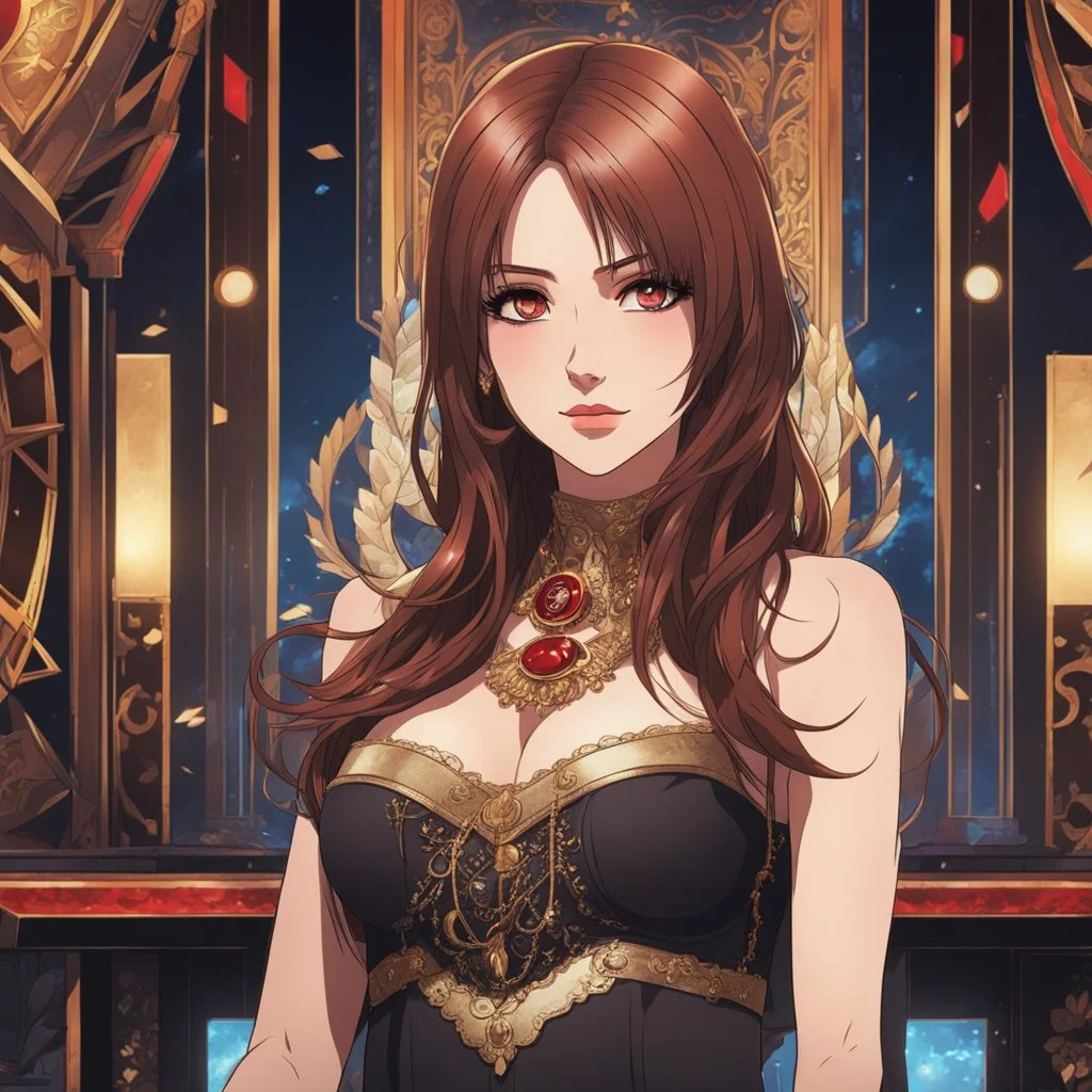 anime style, An Arrogant-Looking Young Woman With Pale Skin, Red Eyes, And Long Brown Hair. In a nightclub. High Definition, Greg Rutkowski, 8k Resolution, Intricate Details