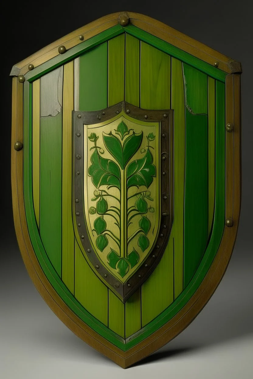 A green shield made out of wood painted by Edward Hicks