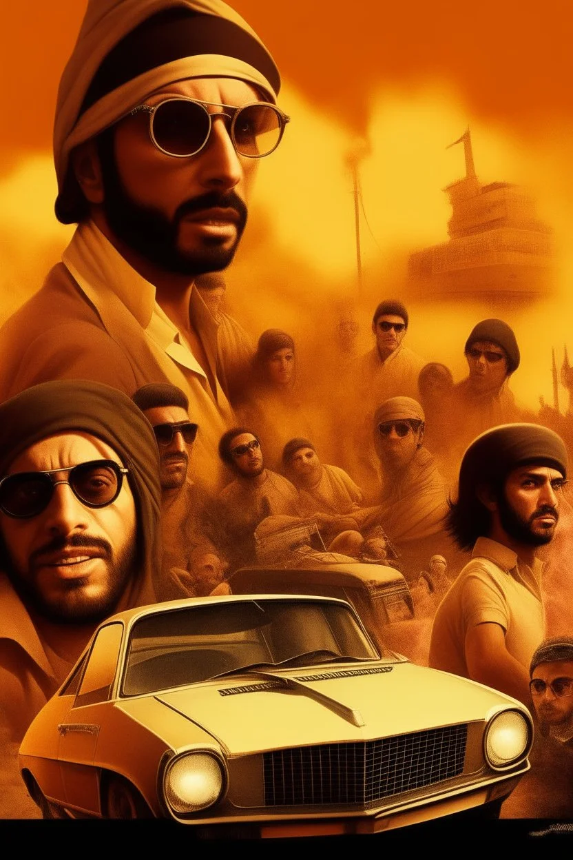 A poster of an arab movie, featuring a lot of arabs with sunglases, explosions, cars. The movie poster is in the style of indiana jones.