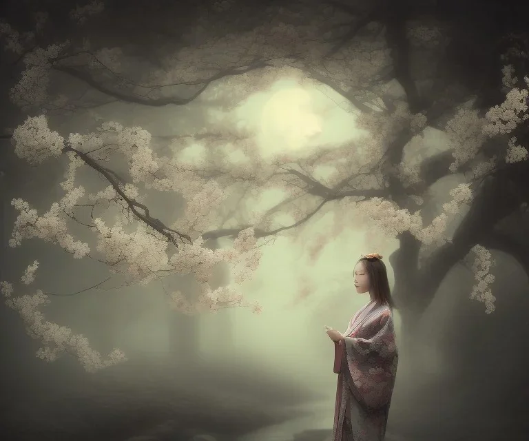 misty foggy area with a girl in a floral kimono in the middle of a bright japanese village at night