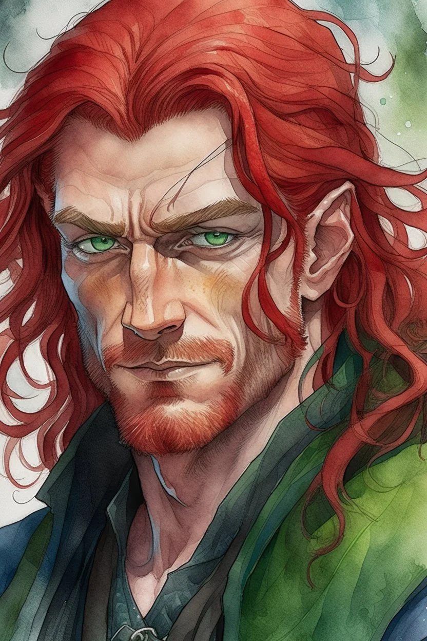 dnd, fantasy, watercolour, large strokes, stylistic, portrait, illustration, dull colours, male, face, narrow long face, weathered face, green eyes, determined, smiling, red hair, very long hair streaming down the shoulders, lush hair, radiating light, five o'clock shadow, elegant, short small mouth, smile