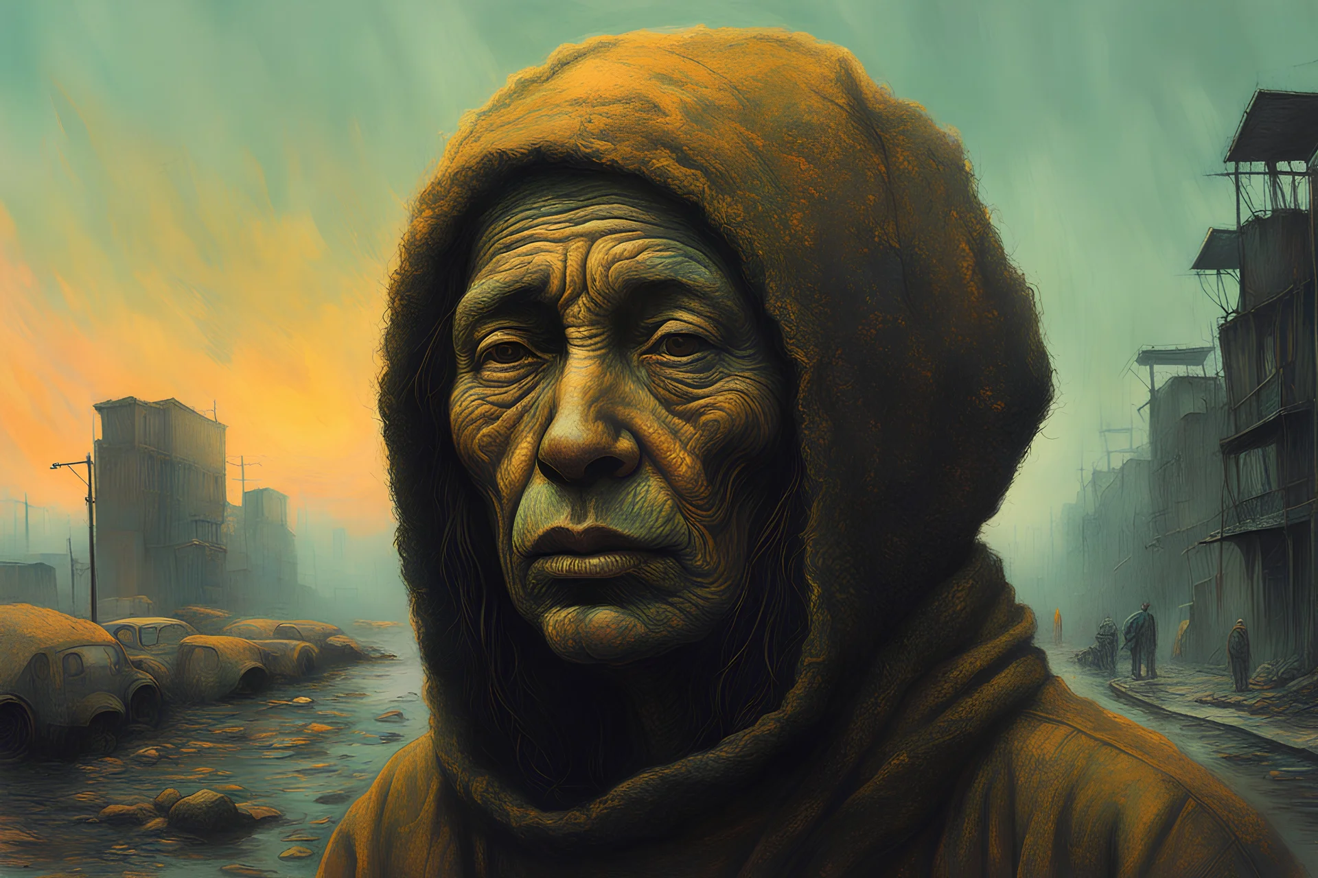 A surreal homeless female wander with highly detailed facial features in the style of Zdzislaw Beksinski, light luminous colors and otherworldly dystopian aesthetic.