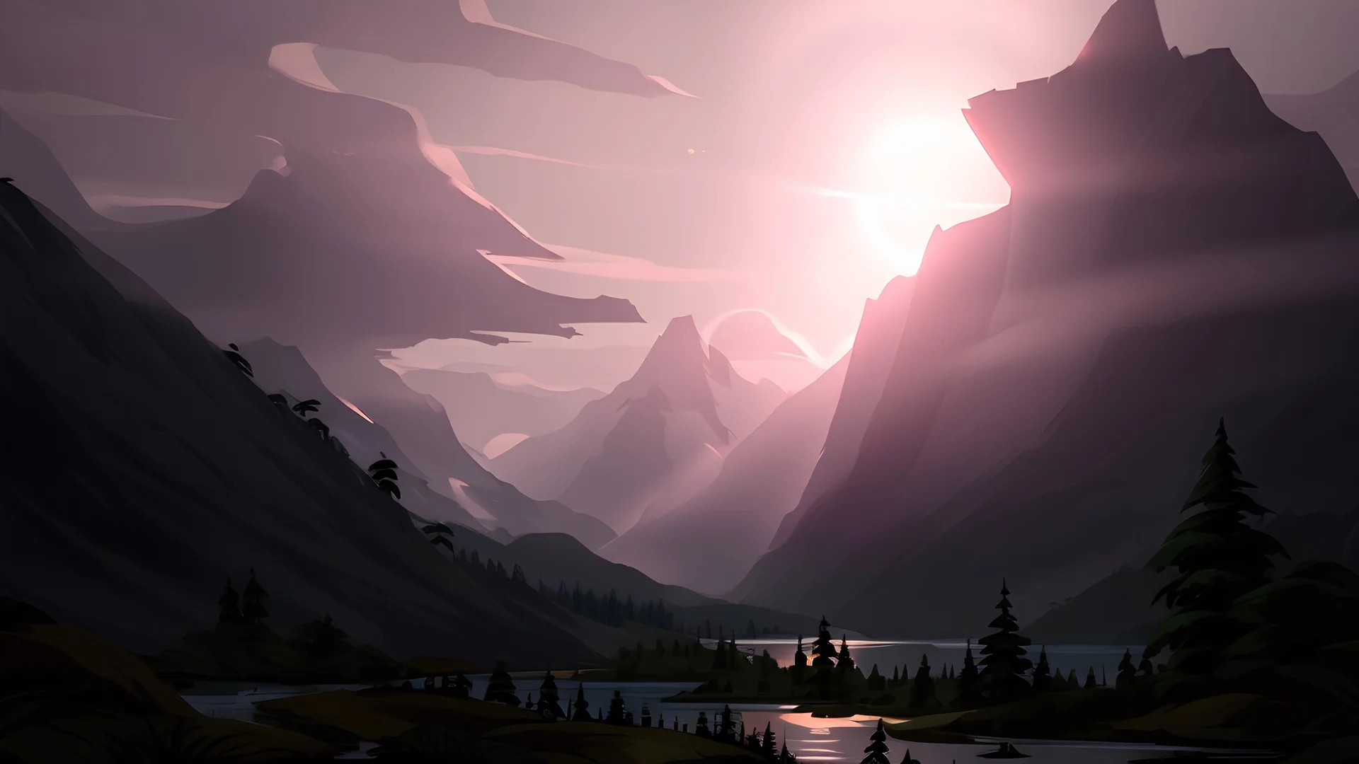 Stylized image of a forest, near a serene lake and mountains in the background at sunrise