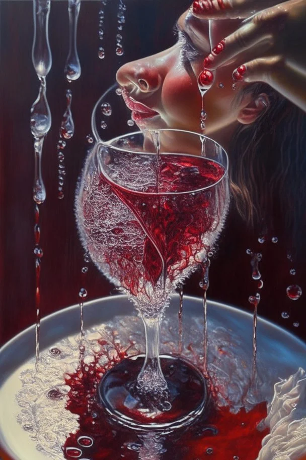 Wine drops from a fork looking down into a red wine glass in which a beautiful woman bathes on a modern kitchen counter, on embroidered lace, Hyper realistic, oil on canvas award winning fantastic view ultra detailed acrylic art Ultra realistic Impressionism Surrealism simen johan, sharp focus intricate oil on canvas cinematic lighting photorealistic high detail ultra detailed crisp quality in sunshine