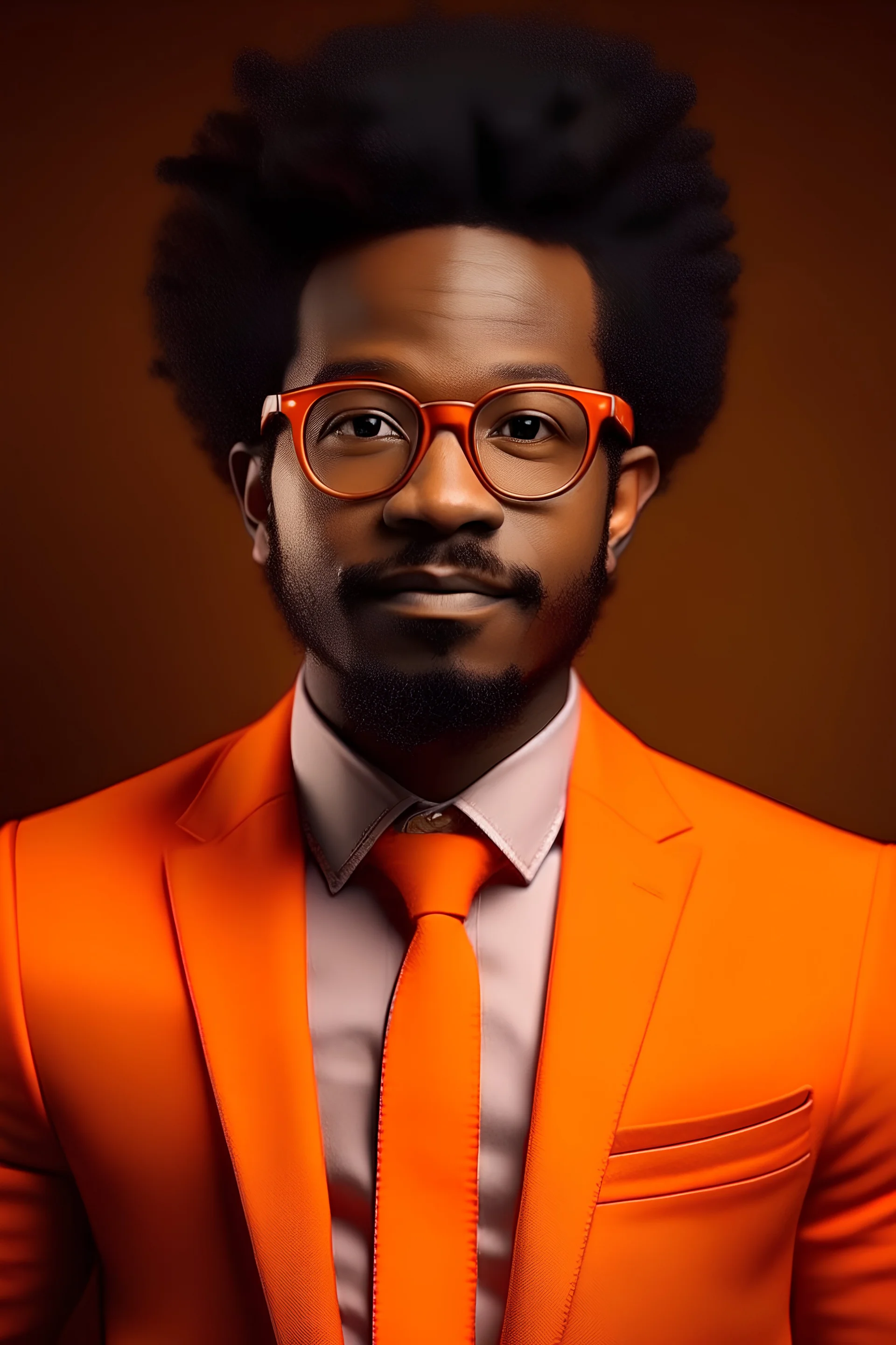 A 30 years old man wear e creative , elegant outfit, an orange sweater, elegan suit, beautiful man, original style, afro skin, short air, original glasses