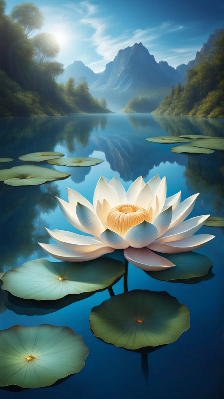 stunning mystic lotus flower on azure lake, high realistic, stunning