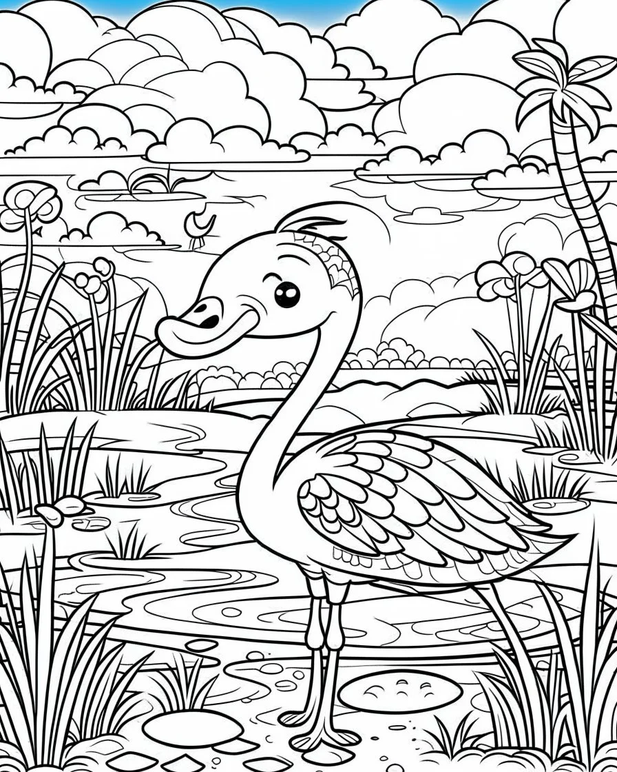 create a 2d black outline, "safari smiling cartoon flamingo coloring book for toddlers", coloring page, low details design, black contour, coloring page design, simple background, colorful , card style, coloring page for kids, white background, sketch style, safari landscape, cartoon style