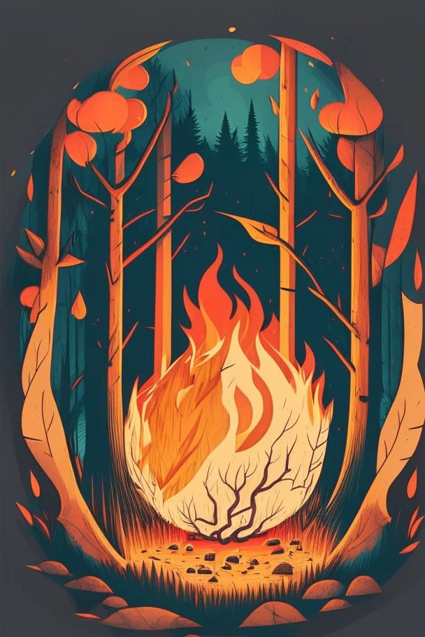 perfect round ball burning in a bonfire inside a forest, 2D flat illustration style, monoline, 3 colors max