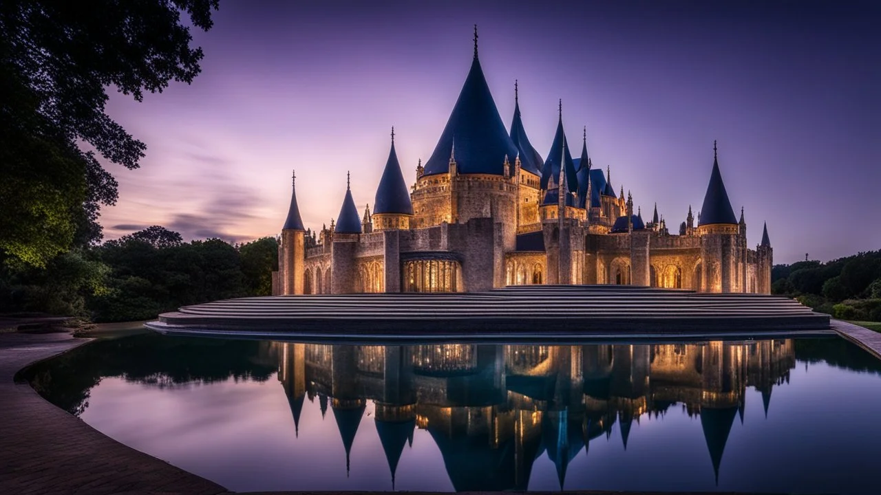 2084, delightful, sensitive, confident, undulating sinusoidal castle with pointed hyperbolic roofs, delicate, night, darkness, water features, exquisite architecture, innovative design, award-winning photograph, beautiful composition, filled with beautiful detail, delicate colour, chiaroscuro